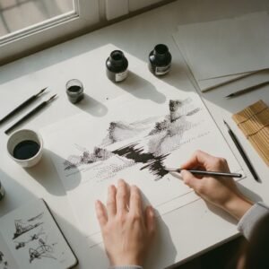 Imagem ilustrativa (gerada por IA) sobre como usar nanquim para desenho: técnicas básicas e materiais necessários - Ateliê Artístico